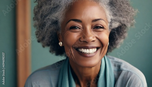 Beautiful gorgeous 50s mid age beautiful elderly senior model woman with grey hair laughing and smiling. photo
