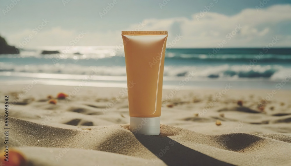 Design cosmetic product template mockup for sunblock cosmetics. Sunscreen cream on a summer beach Design cosmetic product template mockup for sunblock cosmetics. Sunscreen cream on a summer beach