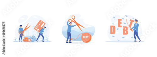 Person trap in a credit card debt.Cut debt. Businessman cutting the word debt with a sword. Cut debt set flat vector modern illustration 