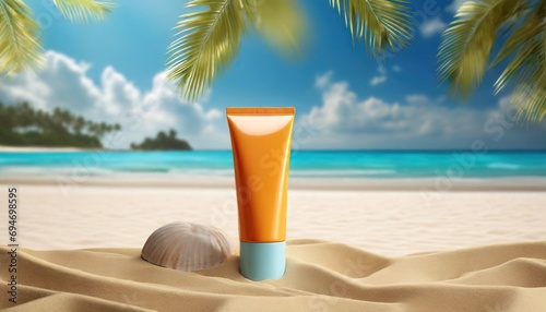 Design cosmetic product template mockup for sunblock cosmetics. Sunscreen cream on a summer beach