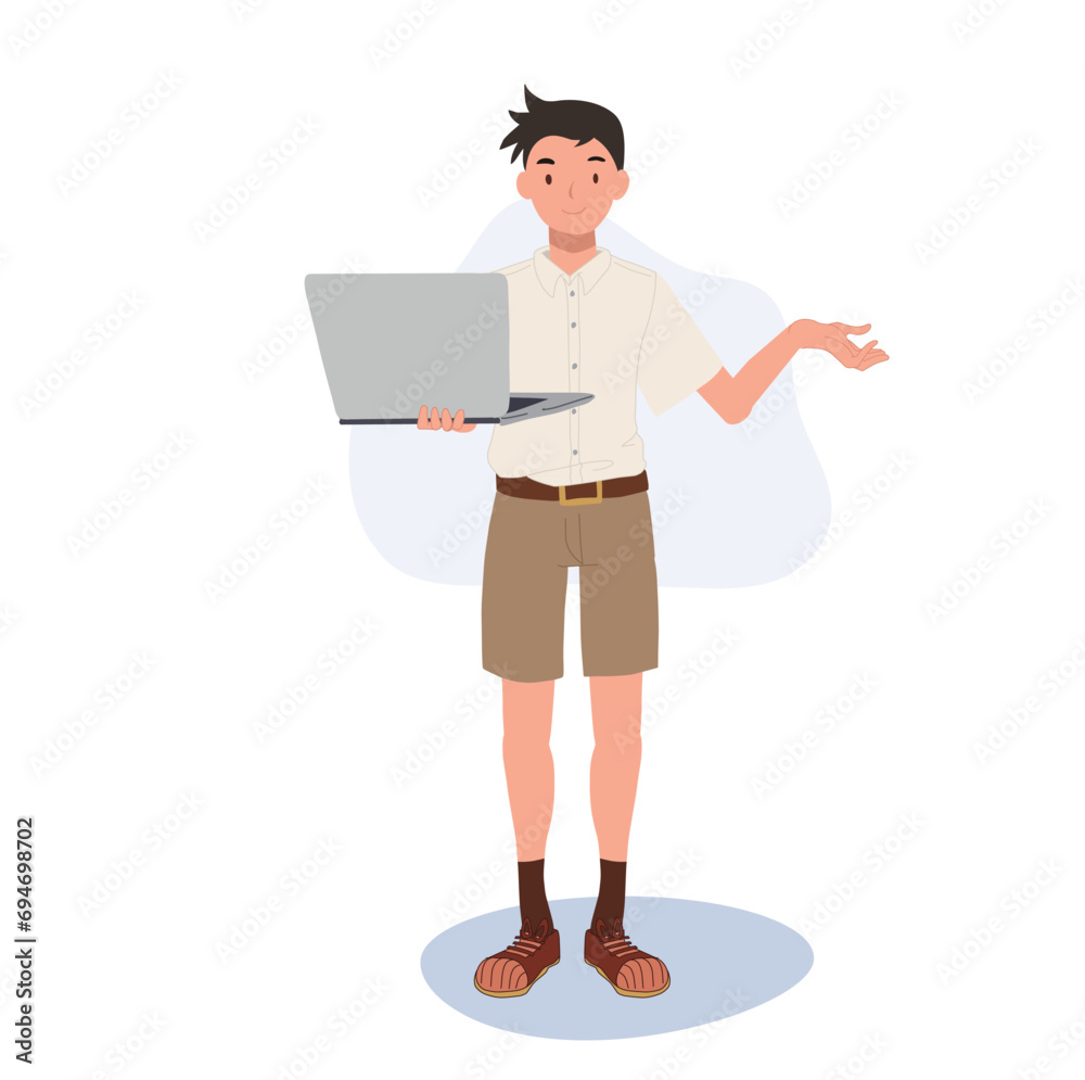 E-Learning Concept, School Technology. Thai Student in Uniform Using Laptop for Presentation. E-Learning Concept, School Technology. Thai Student in Uniform Using Laptop for Presentation.
