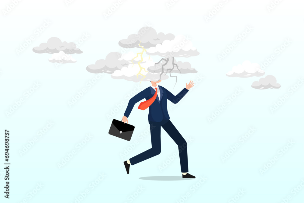 Confused office businessman walking with brain fog, smoke or cloud covered his head, brain fog causing mental problem or struggle, work anxiety or stress make confusion or depression (Vector) Confused office businessman walking with brain fog, smoke or cloud covered his head, brain fog causing mental problem or struggle, work anxiety or stress make confusion or depression (Vector)