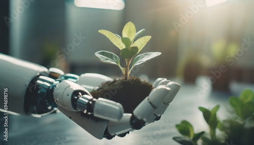 Environmental technology concept. Robot hand holding small plants photo