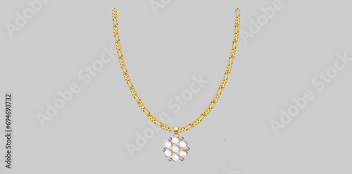 Golden Metallic Chain Necklace With Flower Gemstone Pendant Vector Illustration.