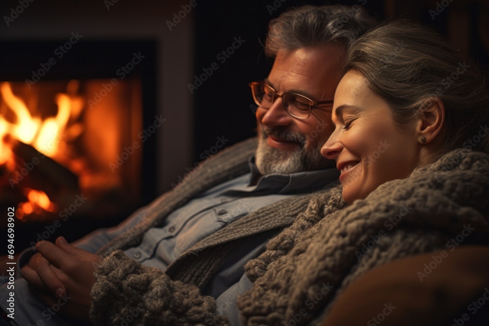 Mature couple enjoying a quiet evening at home with their affectionate rescue cats, cozy and intimate atmosphere