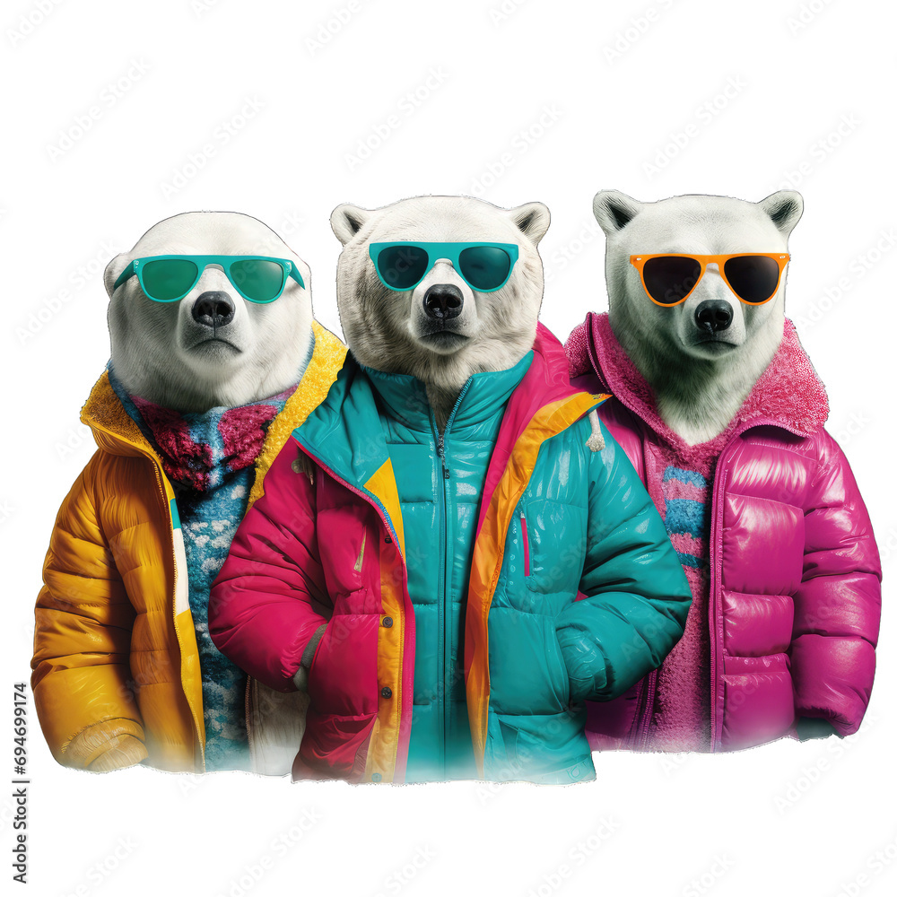 Fototapeta premium Polar Bear Group Art Creatively Dressed in Vibrant Outfits for a Bright and Fun Advertisement.. Isolated on a Transparent Background. Cutout PNG.