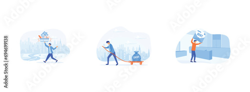 Businessman carrying heavy debt burden, Businessman sweating and pulling a cart with text Debt on it, Man in suit, businessman bears a debt on his back. Debt burden set flat vector modern illustration