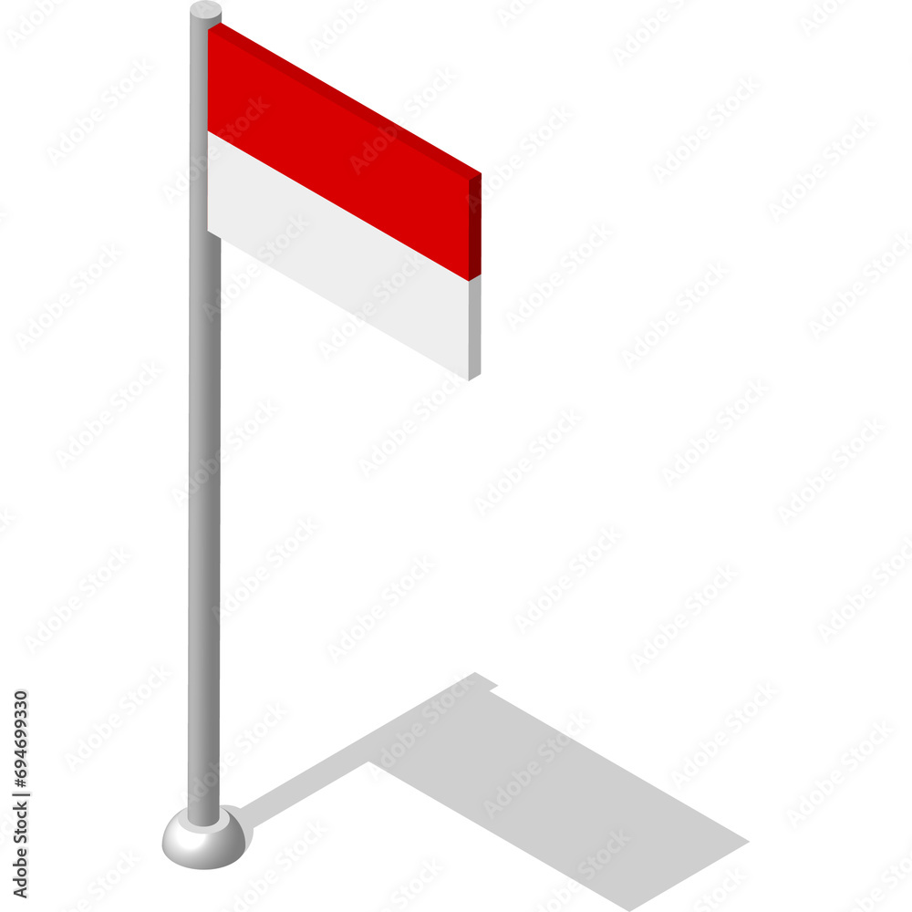 Isometric flag of Republic of Indonesia in static position on flagpole. National banner of country in static, even position. PNG image on transparent background Isometric flag of Republic of Indonesia in static position on flagpole. National banner of country in static, even position. PNG image on transparent background