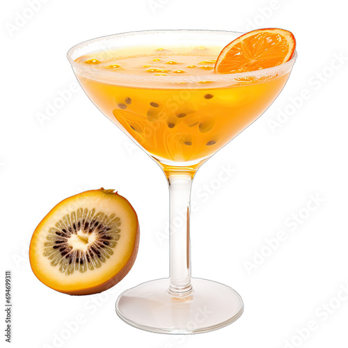 Porn Star Martini in a Martini Glass a Bright Orange With a Passion Fruit Half Garnish.. Isolated on a Transparent Background. Cutout PNG.