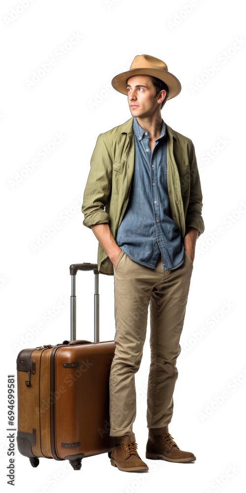 Traveler With Suitcase Anticipating the Journey Travel. Ready Shoes. Isolated on a Transparent Background. Cutout PNG. Traveler With Suitcase Anticipating the Journey Travel. Ready Shoes. Isolated on a Transparent Background. Cutout PNG.