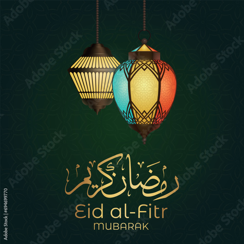 Ramadan Eid Mubarak background greeting card with candles and moon decoration