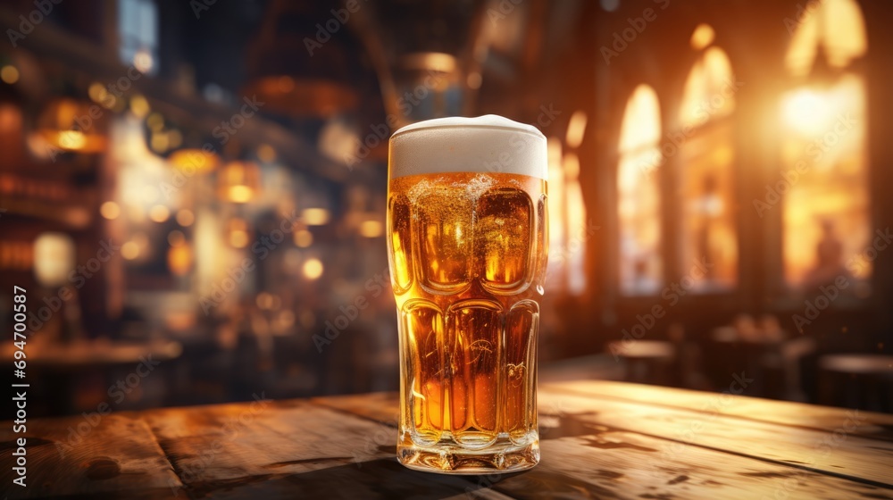 Glass of light beer on a dark pub