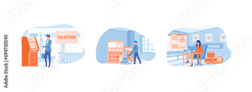 businessman drop gold coin in tax box, Successful businessman cuts heavy taxes with scissors, Businesswoman Character Sitting at Workplace Desk with Computer near Huge Taxation Refund Document. Tax Re