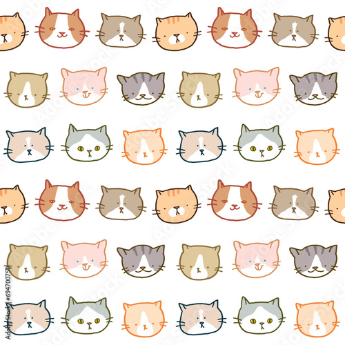 Seamless Pattern with Cartoon Cat Face Design on White Background