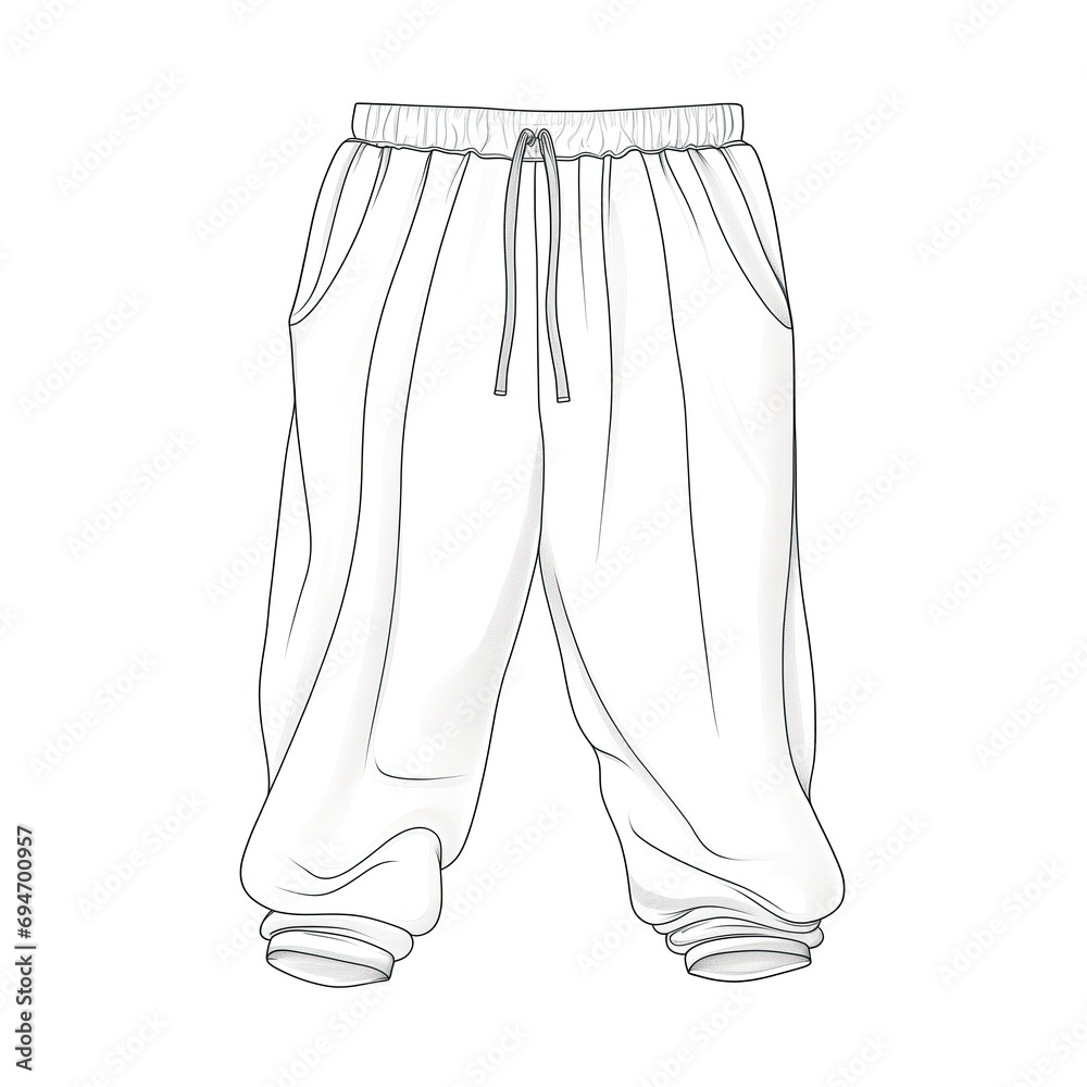 Fashion. Casual apparel. Design of wide trousers with ties, or drawstrings. Slacks. Sports trousers. Loose, baggy pants with cuffs. Sweatpants. Knickers. Illustration of track pants, jog pants. Cotton Fashion. Casual apparel. Design of wide trousers with ties, or drawstrings. Slacks. Sports trousers. Loose, baggy pants with cuffs. Sweatpants. Knickers. Illustration of track pants, jog pants. Cotton