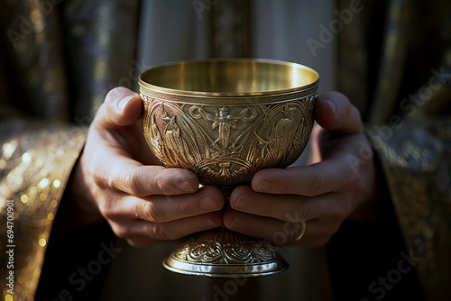 Image generated with AI. Front view of a priest lifting the holy grail