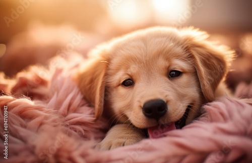 happy labrador puppy in fluffy Peach Fuzz background