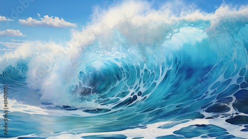 waves in the ocean. Powerful foamy sea waves rolling and splashing over water surface against cloudy blue sky