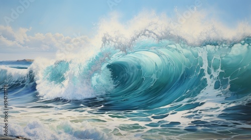 waves in the ocean. Powerful foamy sea waves rolling and splashing over water surface against cloudy blue sky © YauheniyaA
