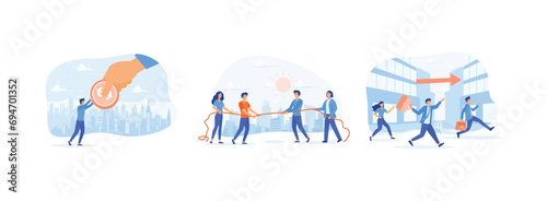 Business competition with large investors, People on business competition, business persons racing on the arrows. Business competition set flat vector modern illustration 