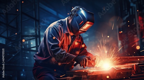 Welder is welding metal in a factory. Men wearing helmets and protective gear for welding metal. Industry concept with bokeh sparkle background. Generative AI photo