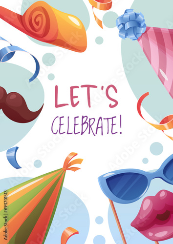 Birthday greeting card template. Banner, flyer with party hats, photo booth accessories, buzzer. Happy birthday Invitation design for holiday, anniversary, party