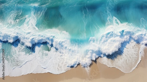Beach and waves from top view. Summer seascape from air. Top view from drone. Travel concept and idea