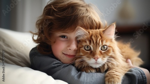 portrait of big ginger cat with boy at home in white living room