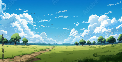 landscape with mountains, cartoon background in the nature with blue skies and grass