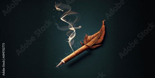 burning incense stick on black, feather grass isolated on black, smoking cigar on the tip of an arrow,  photo