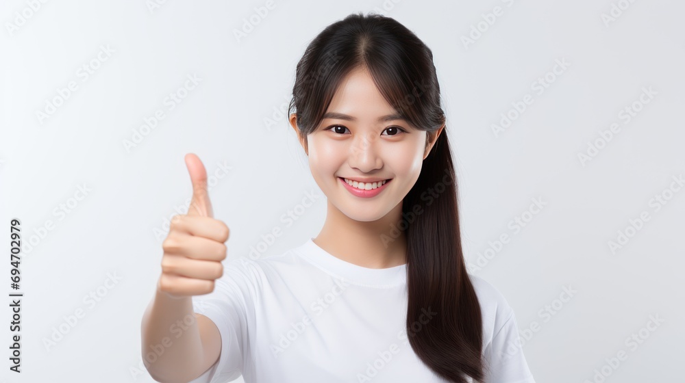 asian woman showing thumb up in approval, isolated on white background asian woman showing thumb up in approval, isolated on white background