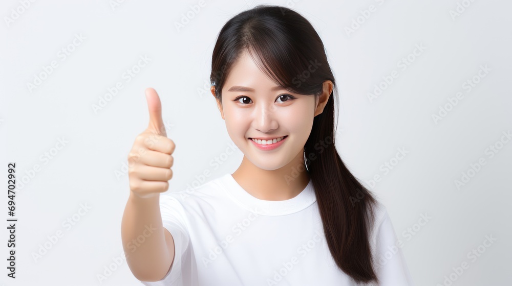 asian woman showing thumb up in approval, isolated on white background asian woman showing thumb up in approval, isolated on white background