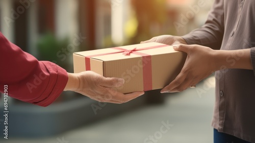 Transportation business, delivery concept,Woman hand accepting a delivery of boxes from deliveryman,