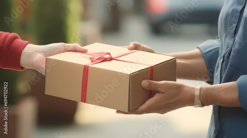 Transportation business, delivery concept,Woman hand accepting a delivery of boxes from deliveryman, © CStock