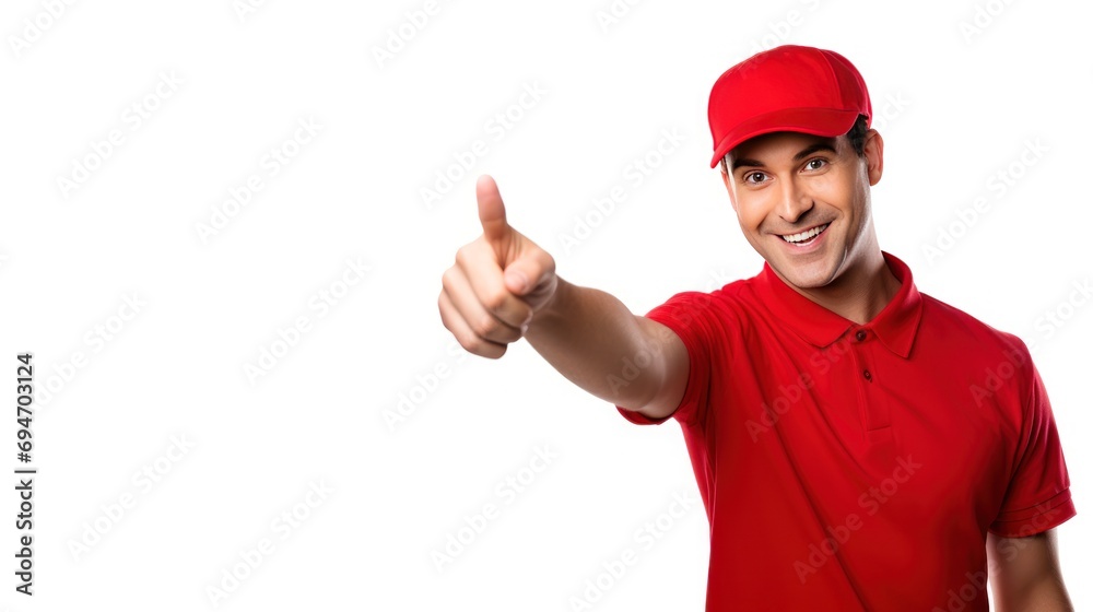 Deliveryman pointing fingers left,Delivery with a man in a red shirt on a white background