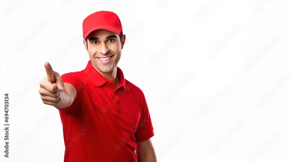 Deliveryman pointing fingers left,Delivery with a man in a red shirt on a white background