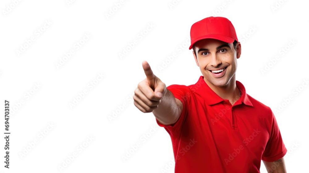 Deliveryman pointing fingers left,Delivery with a man in a red shirt on a white background
