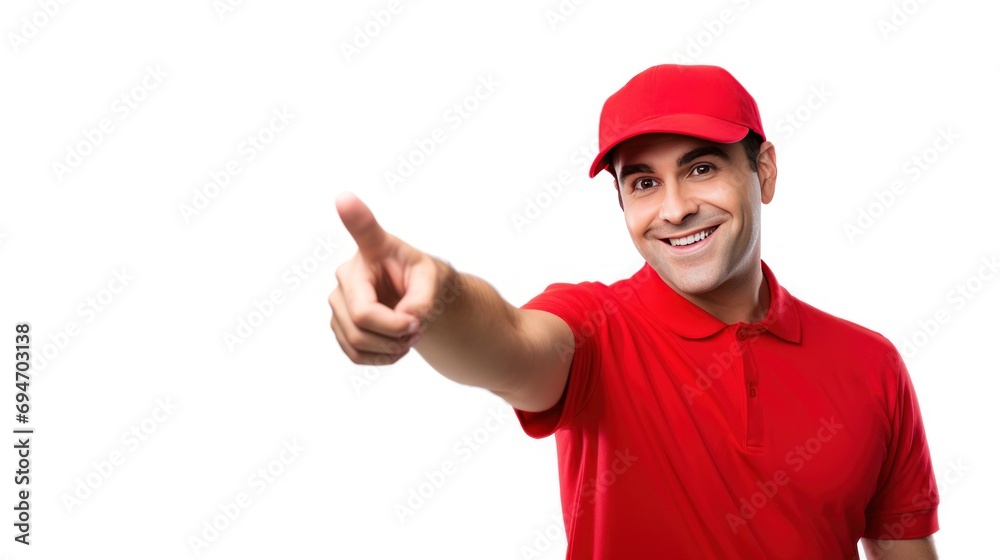 Delivery with a man in a red shirt on a white background