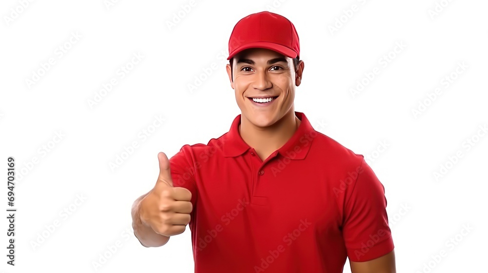 Naklejka premium Deliveryman say yes on white background