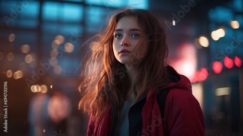 Melancholic beautiful Young girl on the street, bokeh. Generation Z. Difficult adolescence. Romantic mood