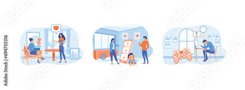 Digital overload. Selfie posting. Likes and screen addiction. Gaming disorder. Digital overload set flat vector modern illustration 