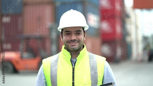 Portrait of a smart male industrial engineer in white hard hat, high-visibility working on tablet computer. Inspector or safety supervisor in container terminal.
 photo