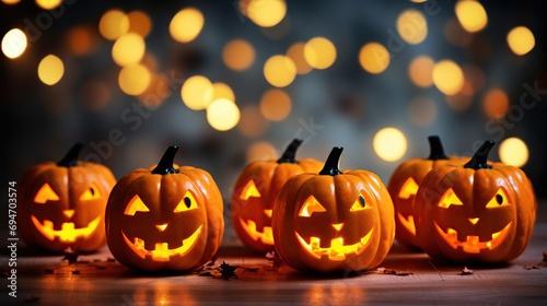 Halloween pumpkins on a wooden bench with bokeh light. Generative AI © Alpa