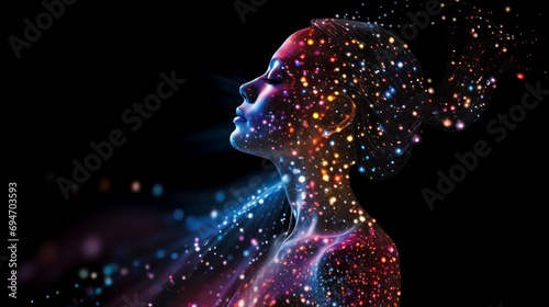 A hologram, multicolored stars, dots - the silhouette of a teenage girl on a black background.