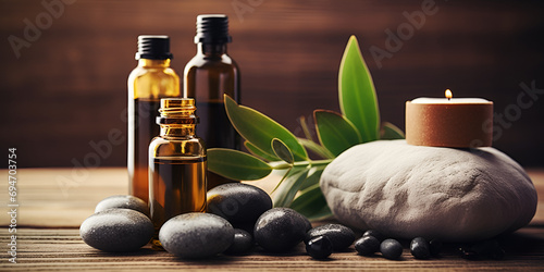 Skin care spa set decoration candle and towels oil bottle and green leaves on wooden table with dark background