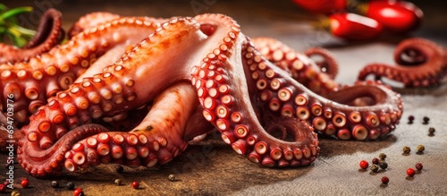 Macro shot of Galician octopus, a Spanish delicacy. photo