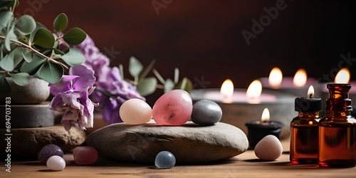 Towel on fern with candles and black hot stone    black background Hot stone massage setting lit by candles. Massage therapy for one person with candle light Beauty spa treatment and relax concept