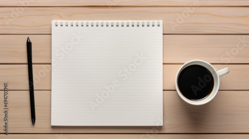 desk office , blank notepad, coffee cup and pen on wood table.
