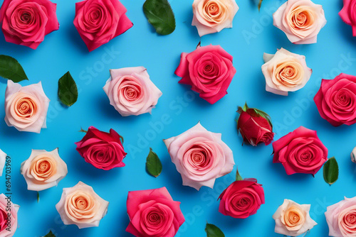 Flat lay composition of beautifully arranged rose flowers on a vibrant blue background