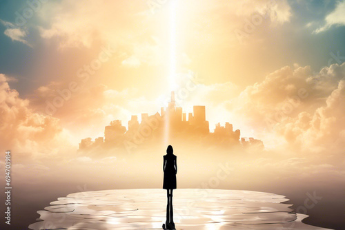 World mental health day concept Silhouette alone woman standing on abstract of heaven background photo
